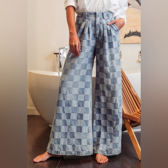 Bibi Wide Leg Checkered Denim Jeans Women’s Size Large High Rise Palazzo Y2k - Picture 1 of 15
